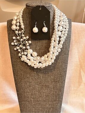 Multi-Strand Pearl Statement Necklace with Floral Cluster - White